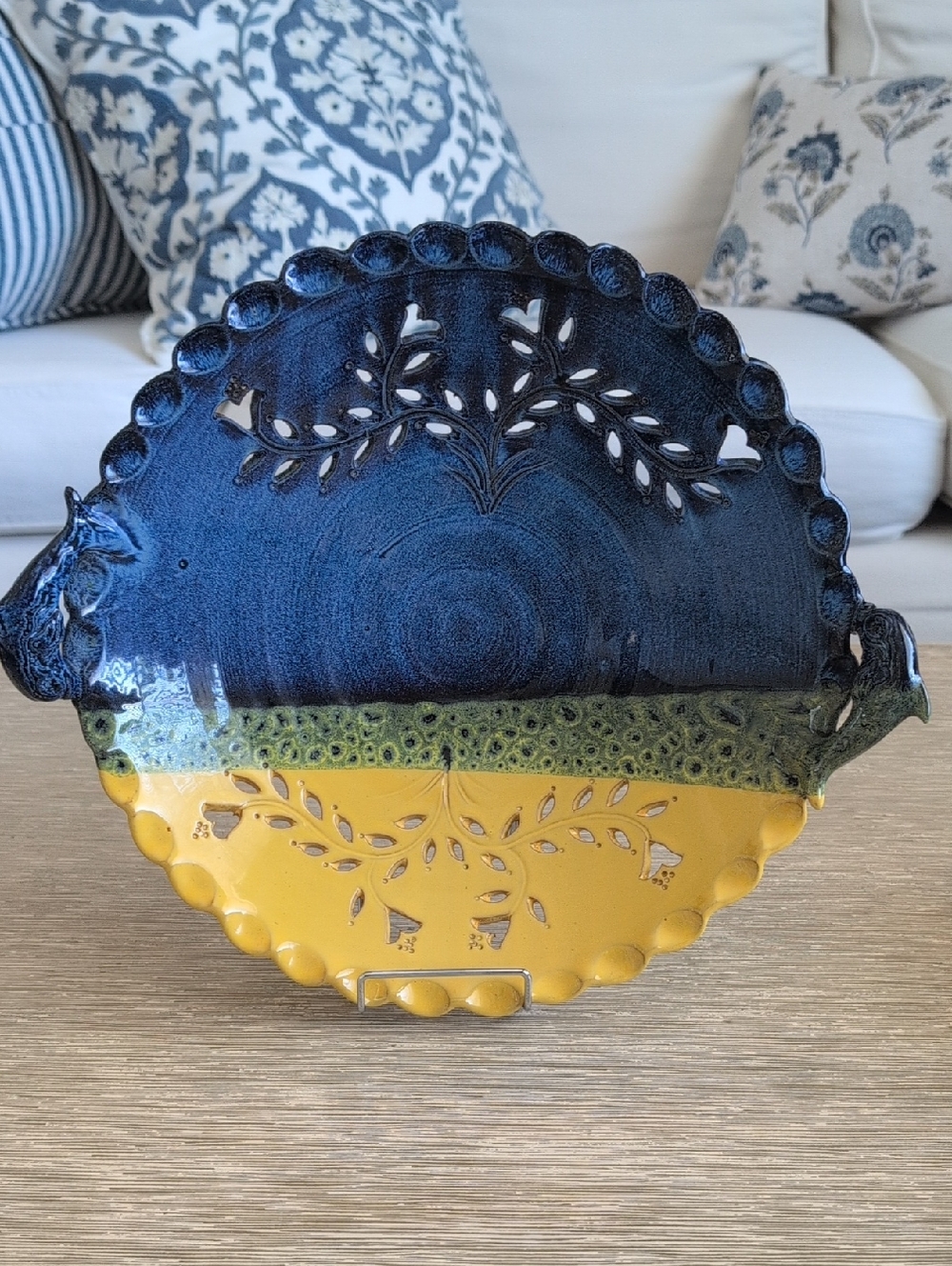 Vintage Dolphin Decorative Ceramic Glaz Bowl Blue And Yellow